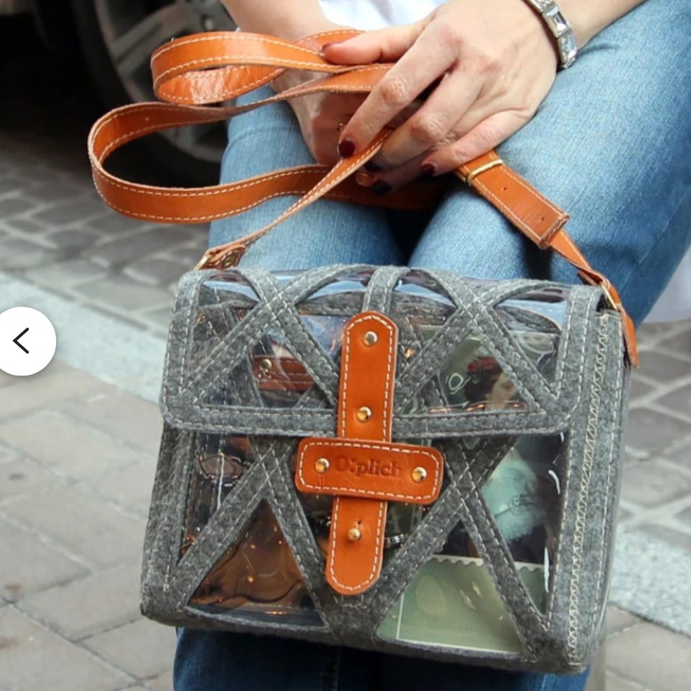 Leather Clear Vinyl Felt Crossbody Bag with Adjustable Strap